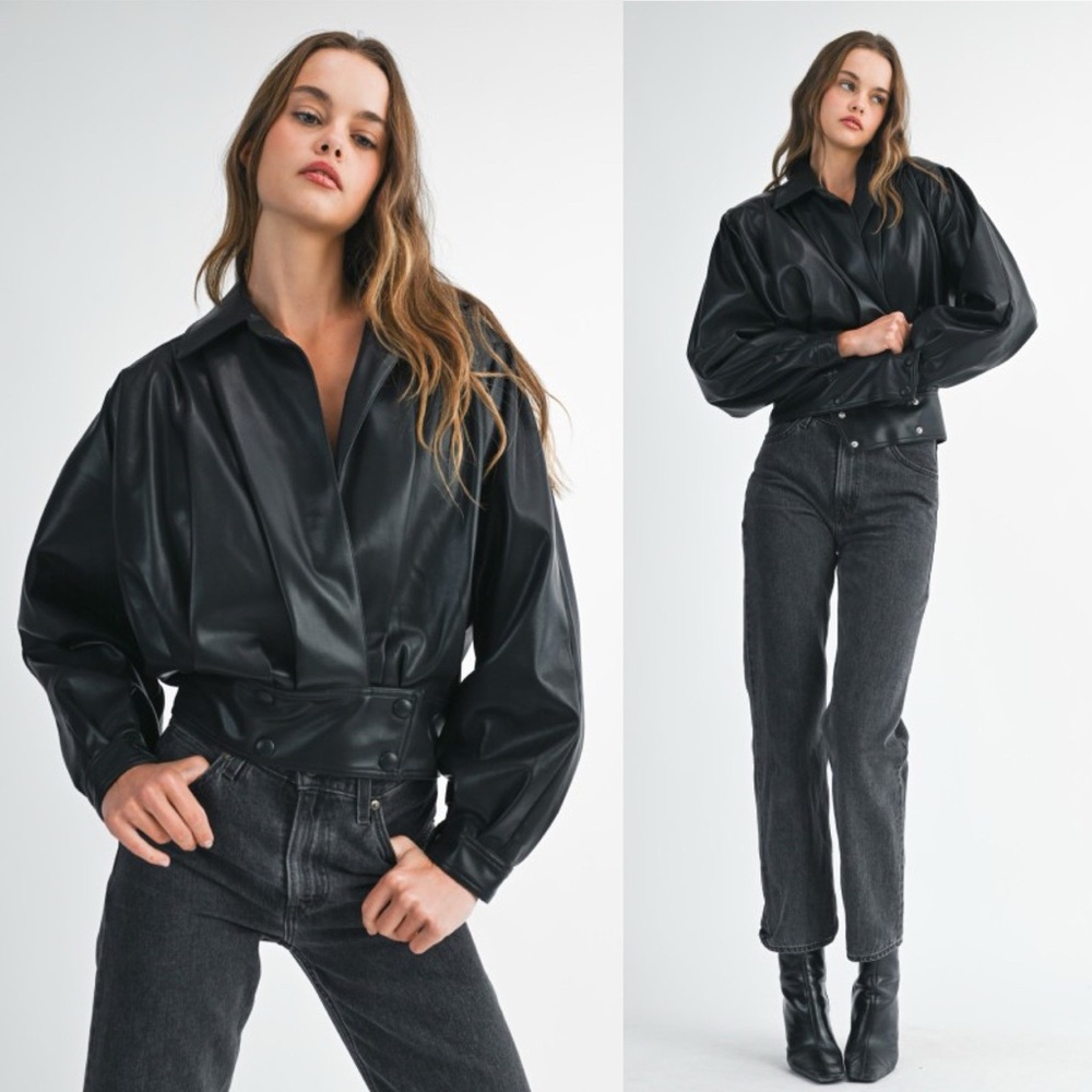 Smooth Criminal Collared Pleated Faux Leather Bomber Jacket